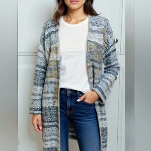 Nic + Zoe Metallic Foil Open Front Cardigan Sweater Gray Gold L